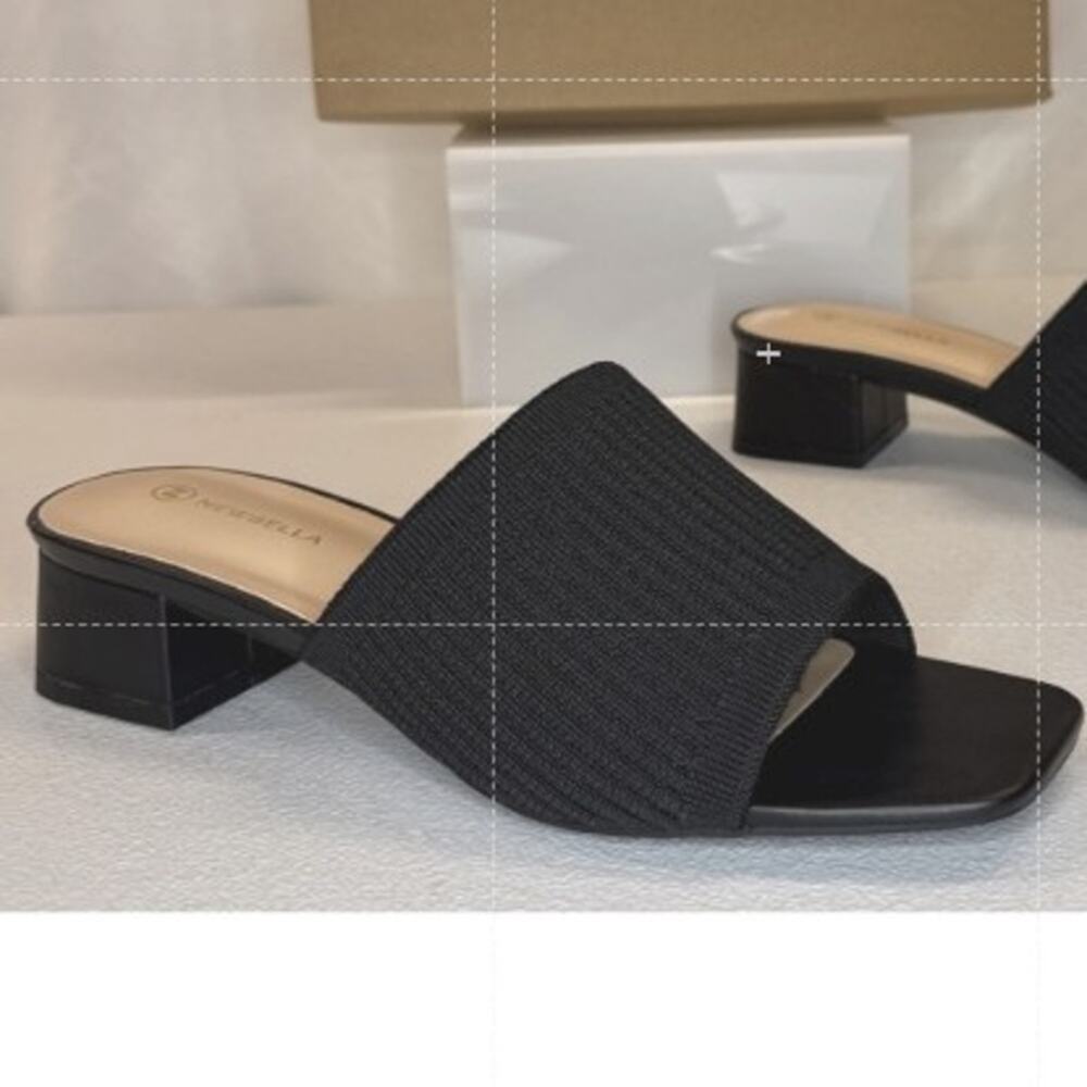 Newbella Mousse Fit Block Heel Sandals Mules Knit Square Toe Slide Black Size 8